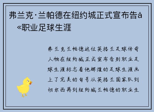 弗兰克·兰帕德在纽约城正式宣布告别职业足球生涯 弗兰克·兰帕德在纽约城正式宣布告别职业足球生涯