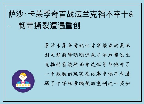 萨沙·卡莱季奇首战法兰克福不幸十字韧带撕裂遭遇重创